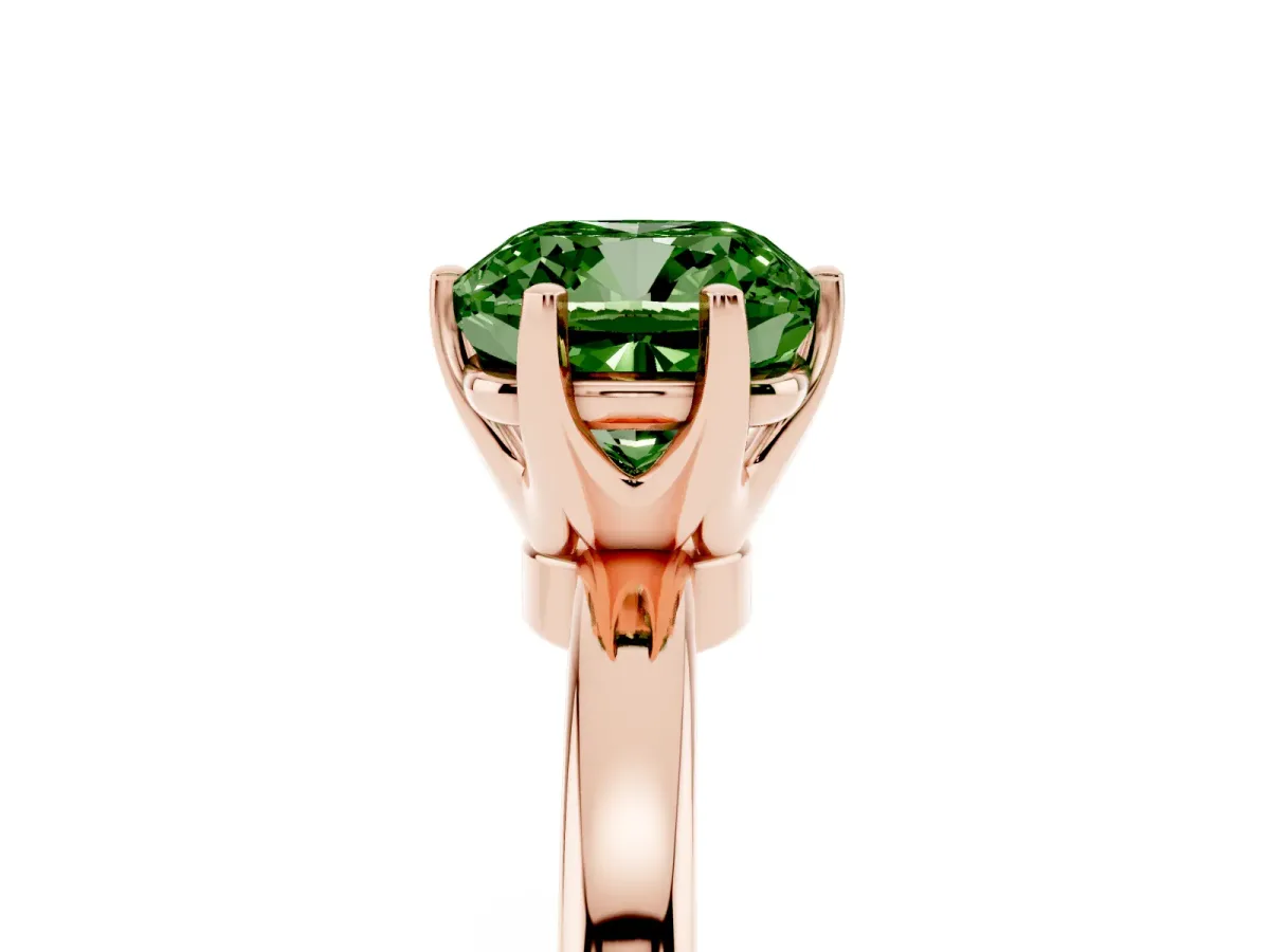 Fancy Green Cushion Cut Solitaire Diamond Ring with Six-Prong Setting on a Classic Band Rose gold