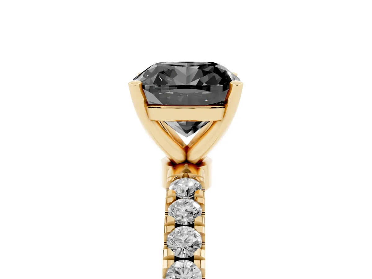 Fancy Black Cushion Cut Diamond Solitaire Ring with Pavé Accents and Four-Prong Setting Yellow gold