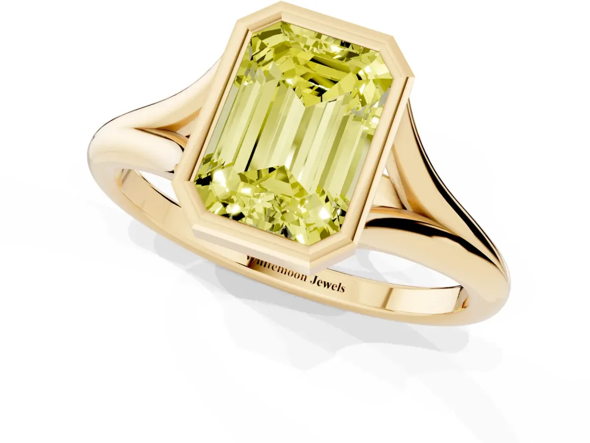 Fancy Yellow Bezel Set Emerald Cut Cut Solitaire Ring with Tapered Band Yellow gold