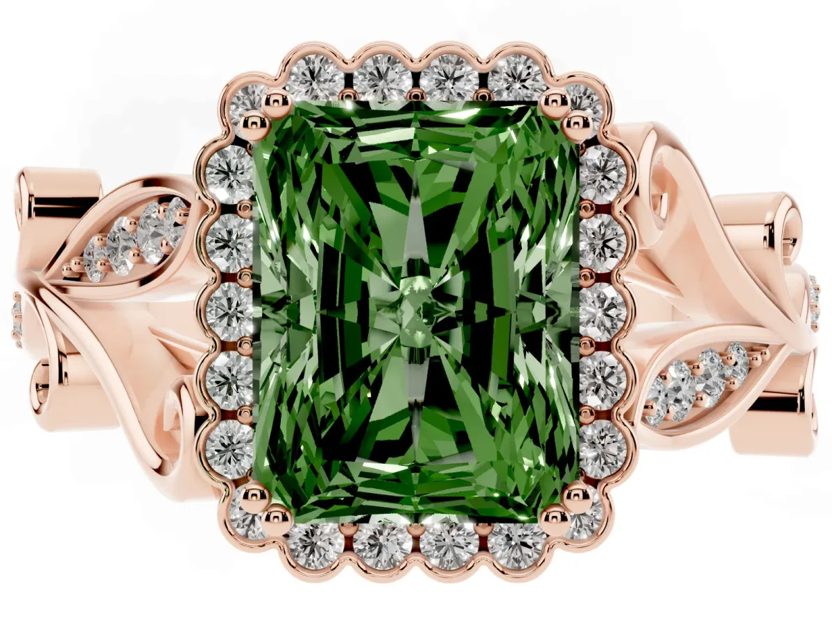 Fancy Green Radiant Cut Diamond Halo Ring with Vintage Split Shank and Four-Prong Setting Rose gold