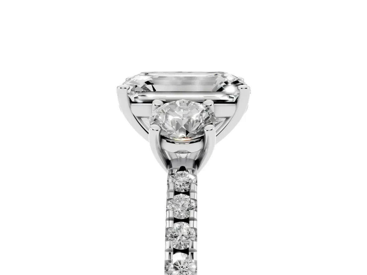 Three-Stone Emerald Cut Cut Diamond Pavé Band with Prong Setting Silver