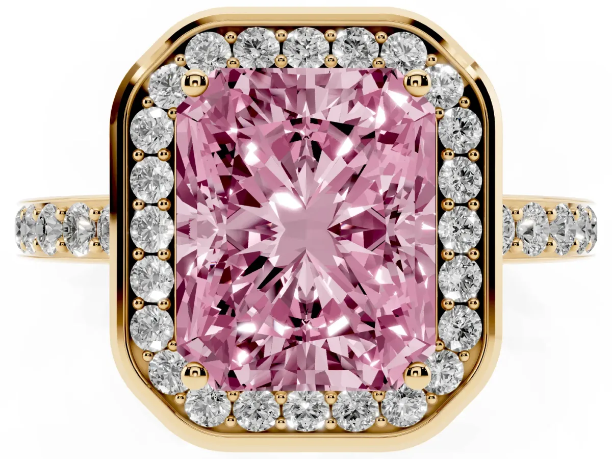 Fancy Pink Radiant Cut Diamond Halo Ring with Bezel Frame and Pavé Band Yellow gold