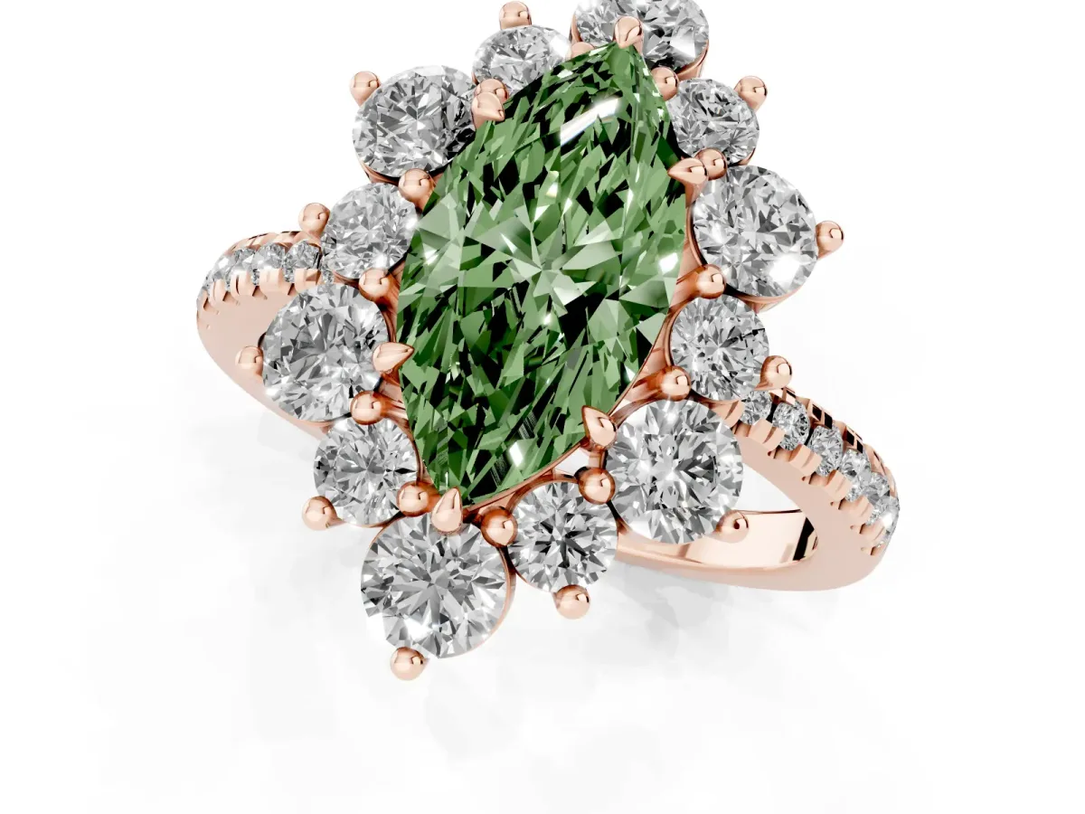 Fancy Green Marquise Cut Diamond Floral Halo Ring with Round Pavé Band and Prong Setting Rose gold