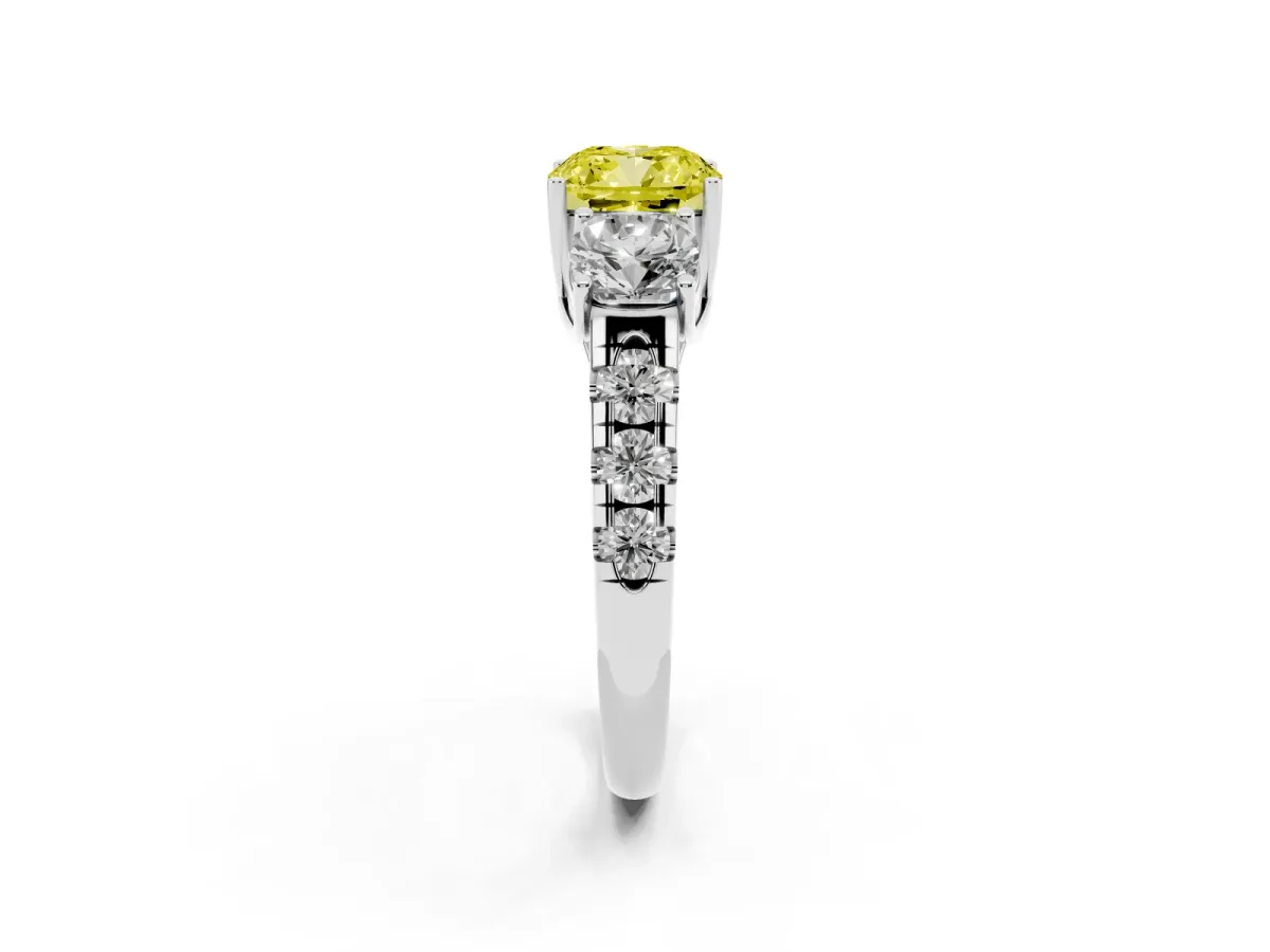 Fancy Yellow Three-Stone Cushion Cut Diamond Pavé Band with Prong Setting Platinum