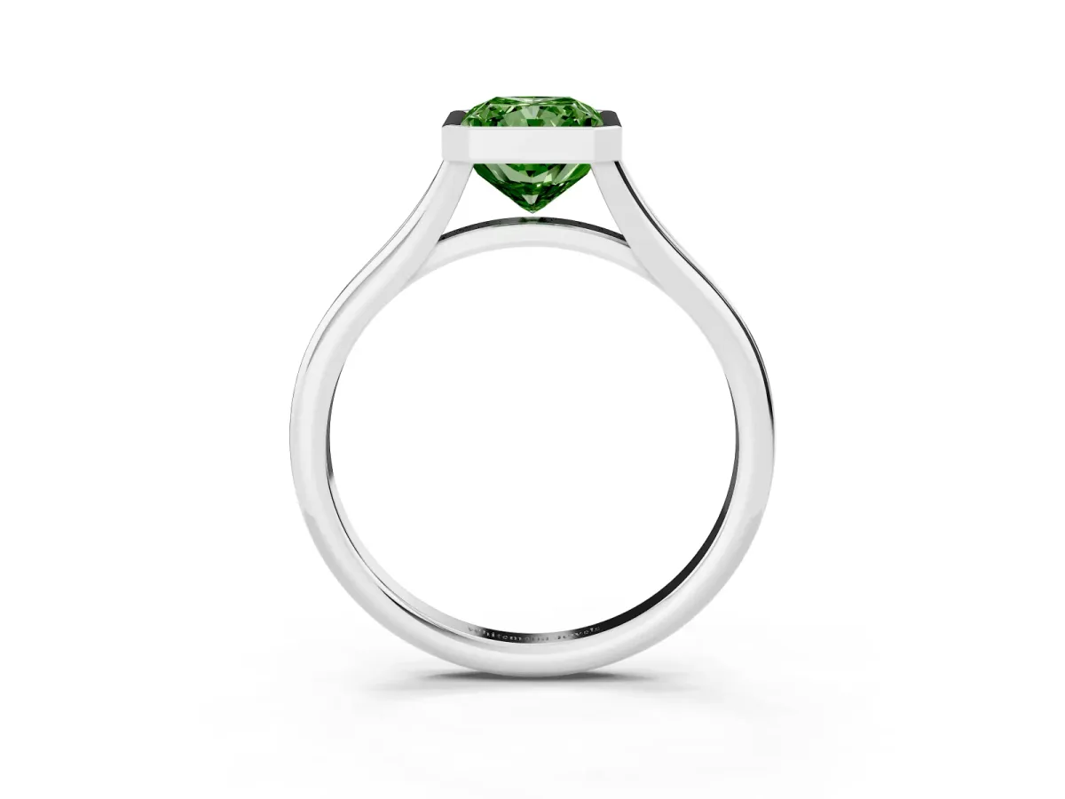 Fancy Green Bezel Set Radiant Cut Cut Solitaire Ring with Tapered Band Silver