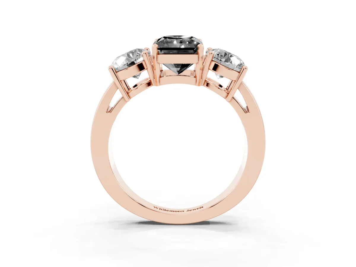 Fancy Black Three-Stone Radiant Cut Diamond Ring with Round Side Stones, Classic Band, and Four-Prong Setting Rose gold