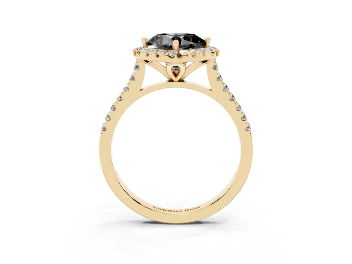 Fancy Black Cushion Cut Diamond Cushion Halo Ring with Pavé Band Yellow gold