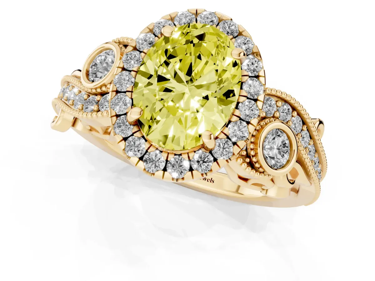 Fancy Yellow Oval Cut Halo Diamond Ring with Milgrain and Bezel Accents on a Split Shank Band Yellow gold