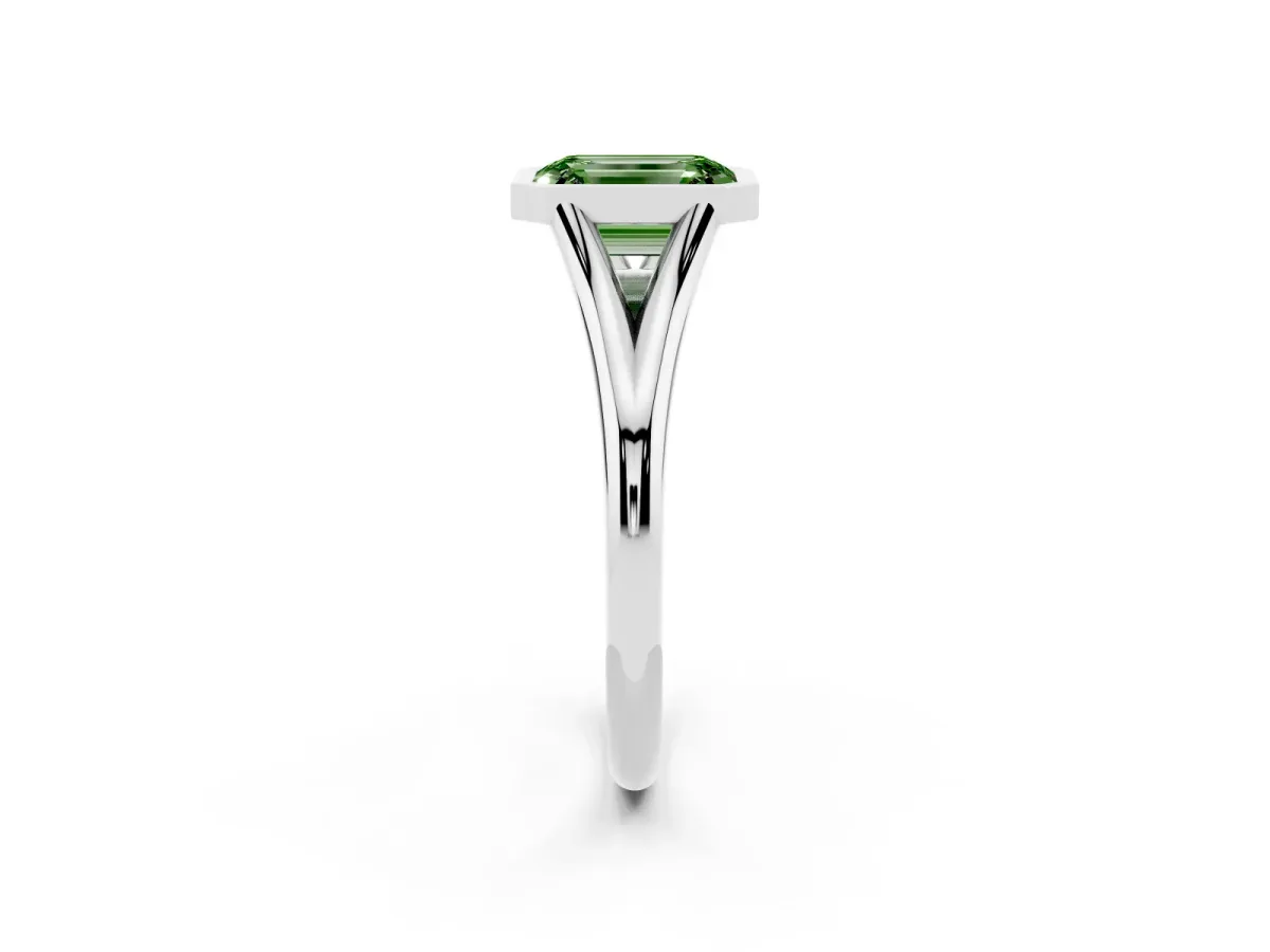 Fancy Green Bezel Set Emerald Cut Cut Solitaire Ring with Tapered Band Silver