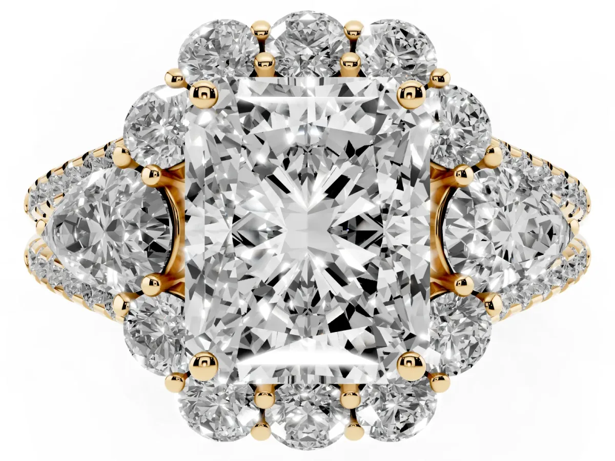 Radiant Cut Halo Split Shank Diamond Engagement Ring with Prong Setting Yellow gold