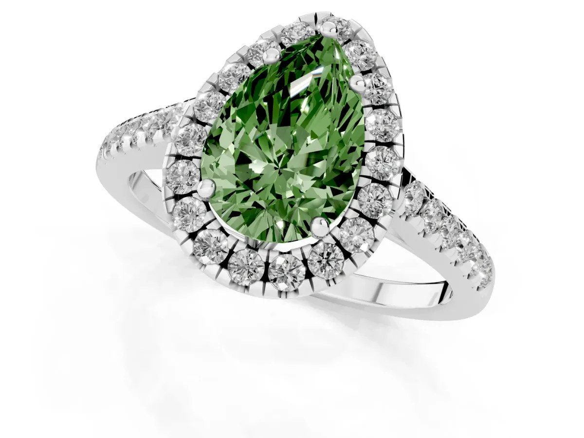 Fancy Green Pear Cut Halo Pavé Diamond Engagement Ring with Four-Prong Setting Silver