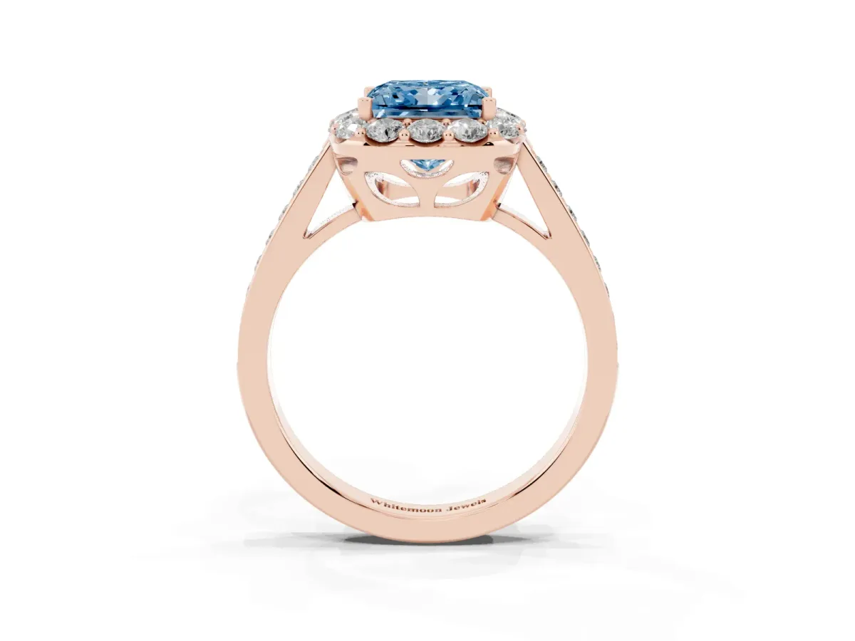 Fancy Blue Princess Cut Diamond Floral Halo Ring with Pavé Band and Prong Setting Rose gold