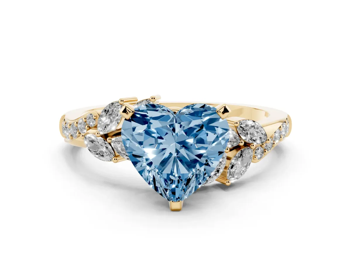Fancy Blue Heart Cut Solitaire Marquise Twist Band with Six-Prong Setting Yellow gold