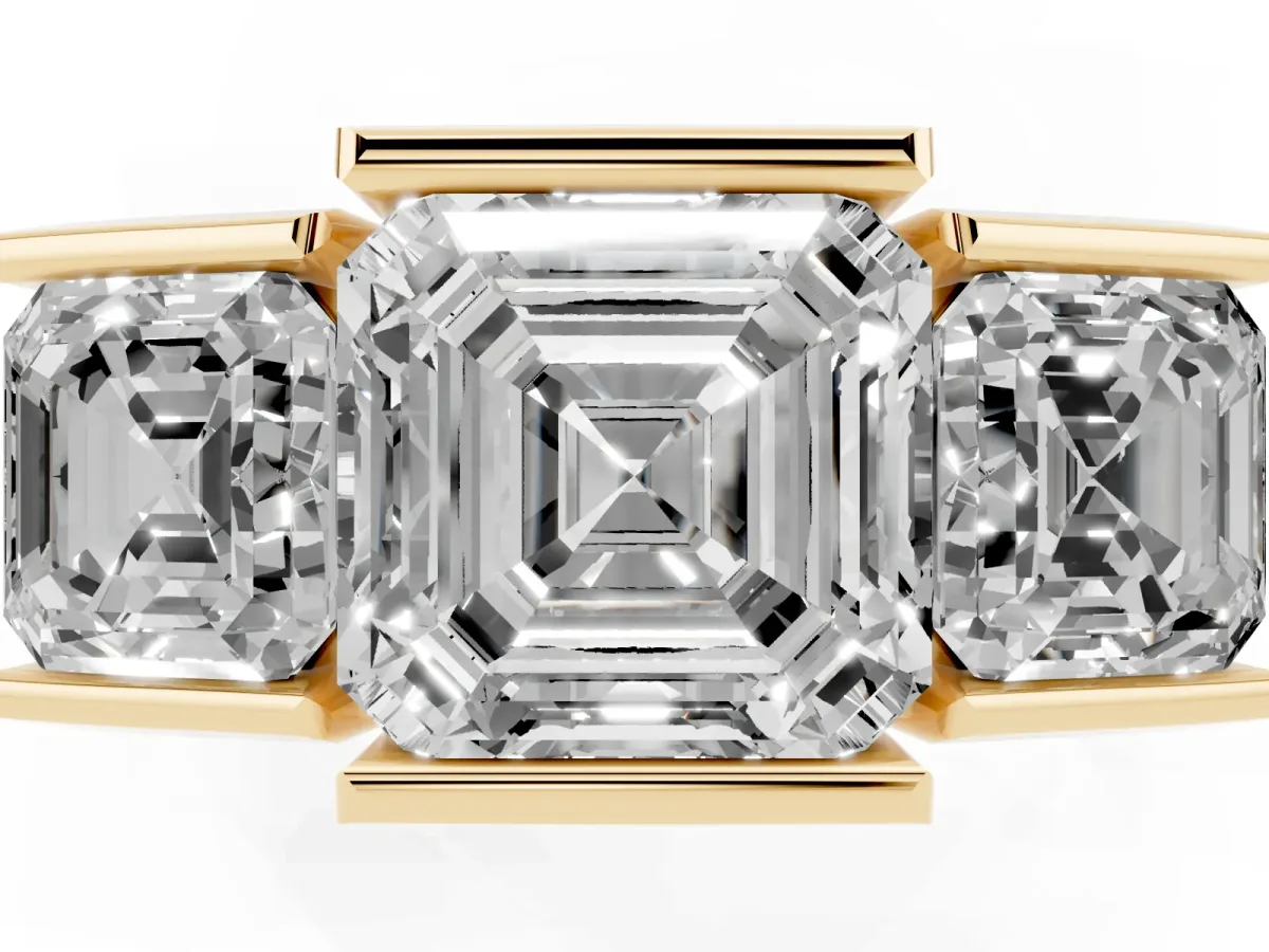 Three Stone Asscher Cut Cut Channel Set Diamond Ring Yellow gold