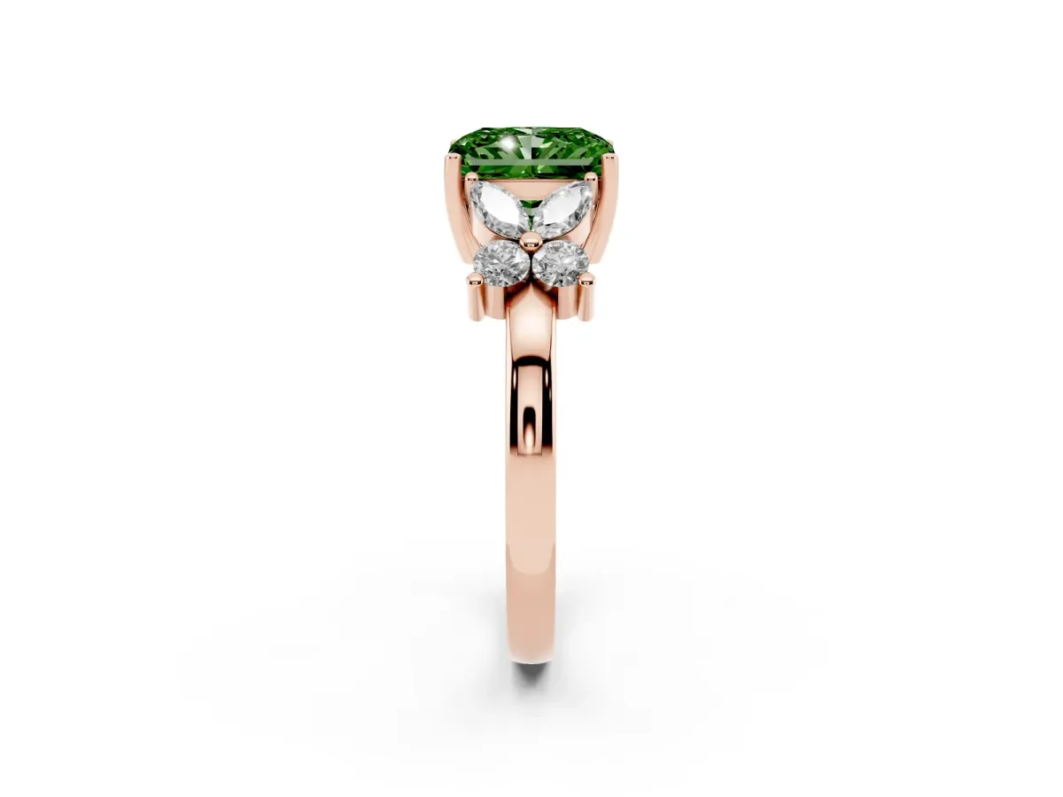 Fancy Green Radiant Cut Diamond Floral Cluster Ring with Solitaire Band and Prong Setting Rose gold