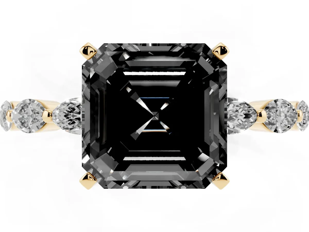 Fancy Black Asscher Cut Diamond Ring with Marquise Side Stones and Prong Setting Yellow gold