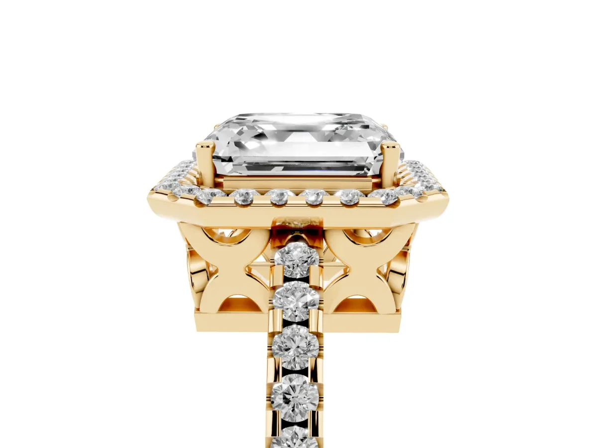 Asscher Cut Diamond Halo Engagement Ring with Pavé Band and Prong Setting Yellow gold
