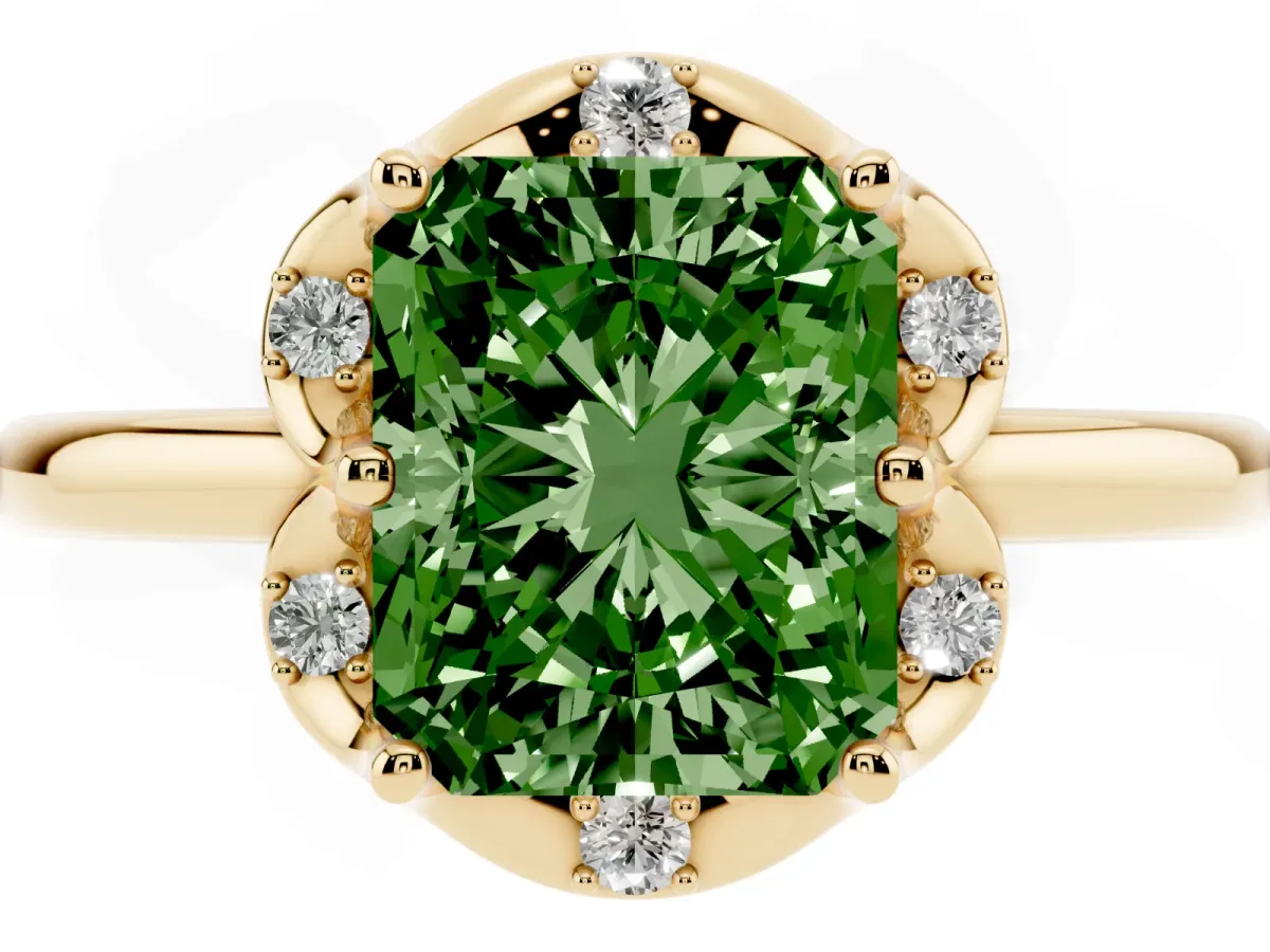 Fancy Green Radiant Cut Halo Diamond Ring with Round Cluster Setting, Solitaire Band, and Four-Prong Setting Yellow gold