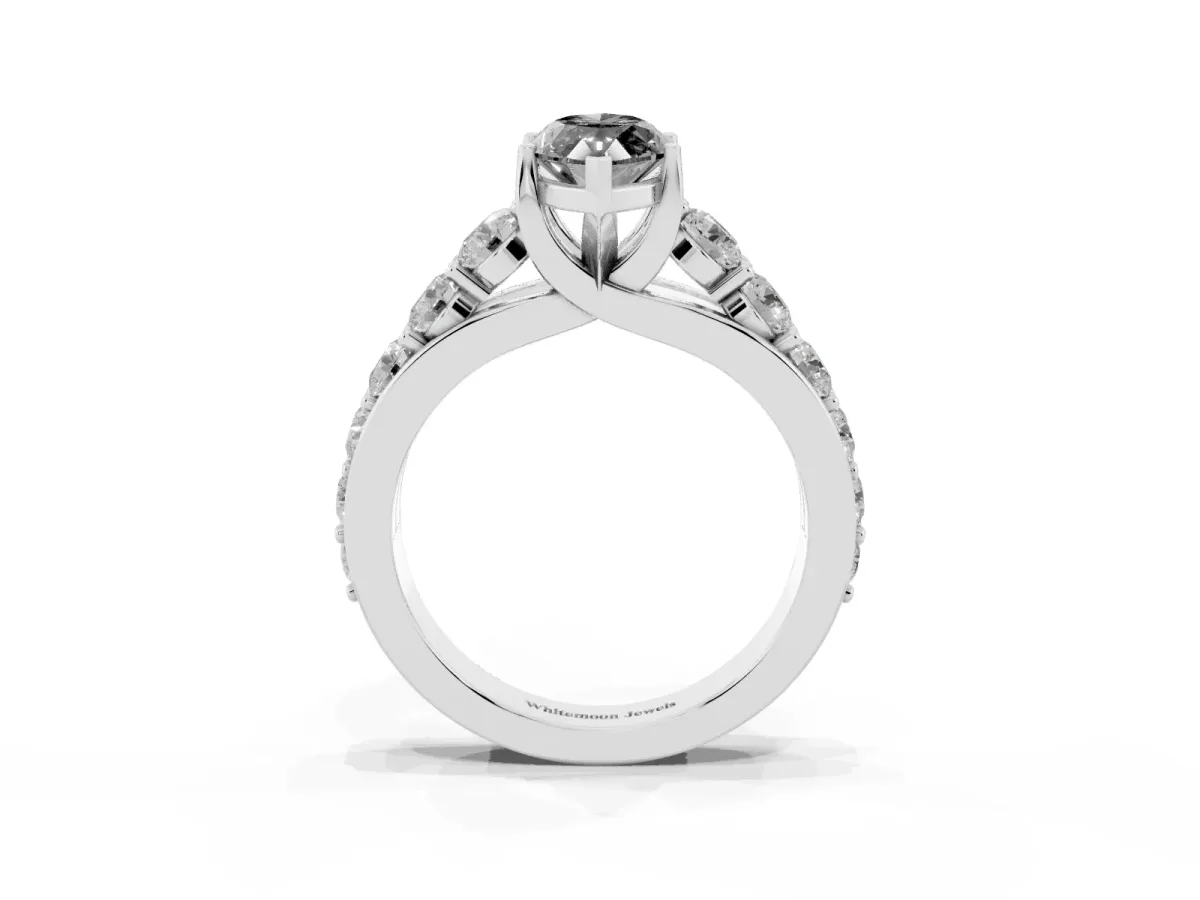 Fancy Black Marquise Cut Diamond Engagement Ring with Pavé Band and Four-Prong Setting Platinum