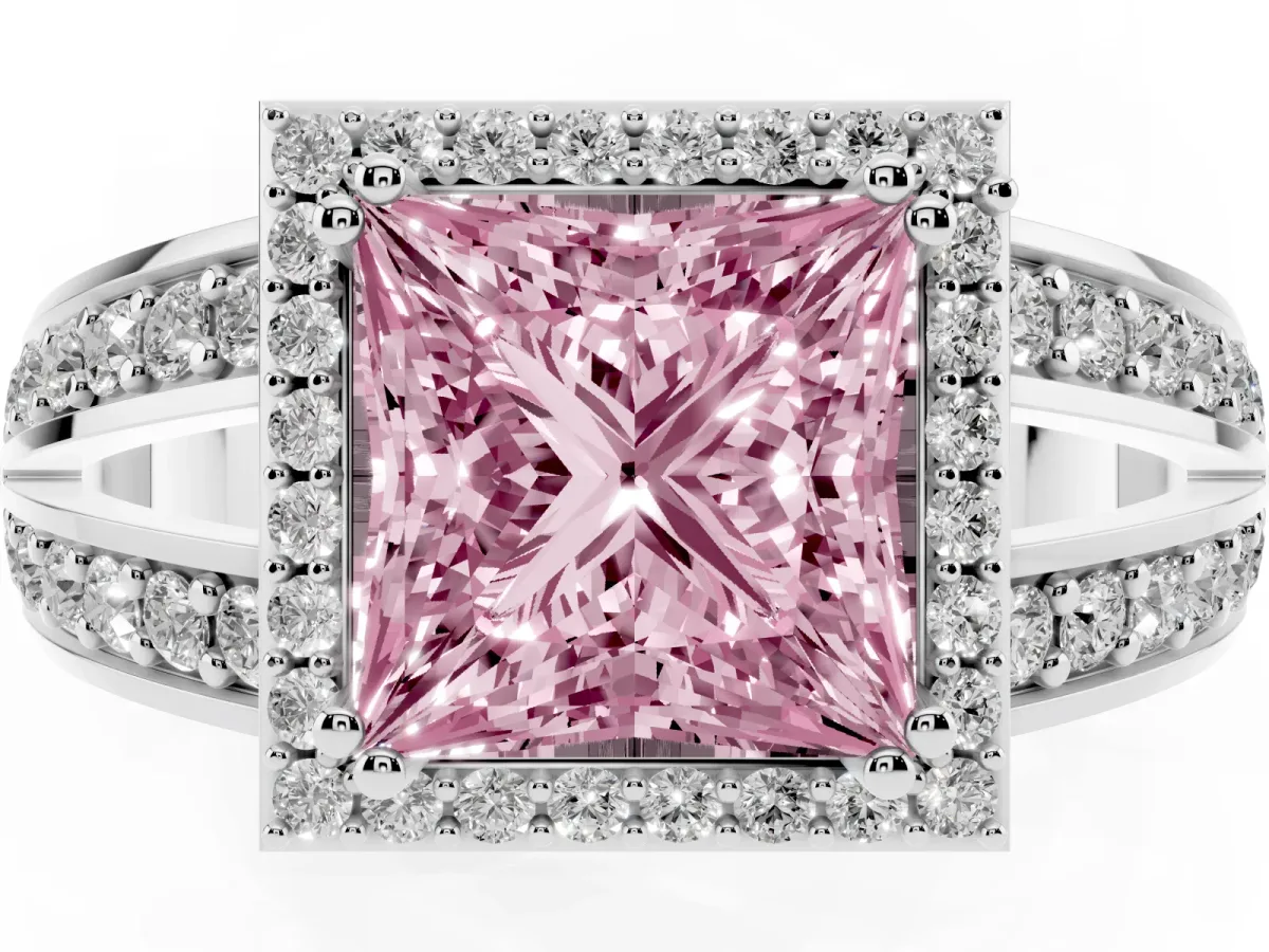 Fancy Pink Princess Cut Diamond Halo Ring with Split Shank Pavé Band and Four-Prong Setting Platinum