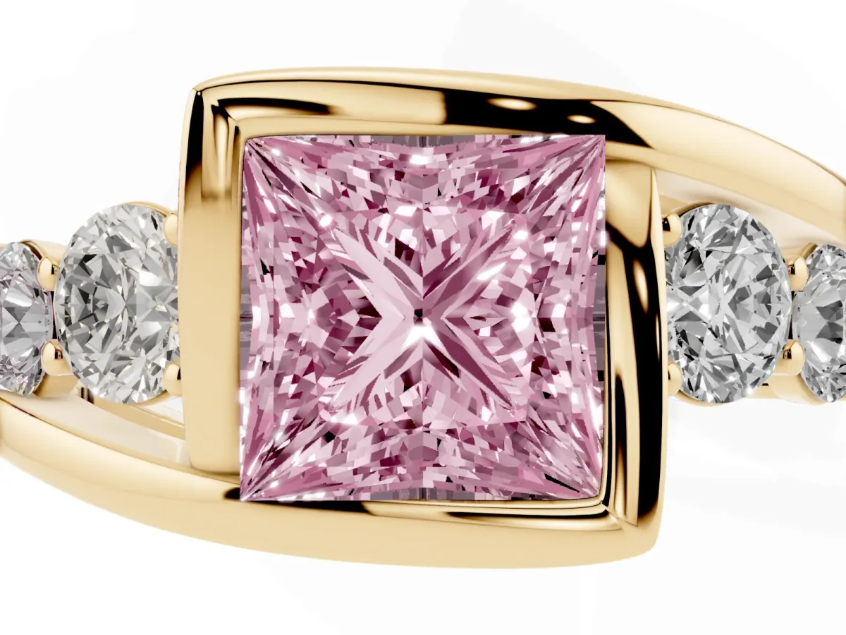 Fancy Pink Bezel Set Princess Cut Diamond Bypass Ring with Round Accents Yellow gold