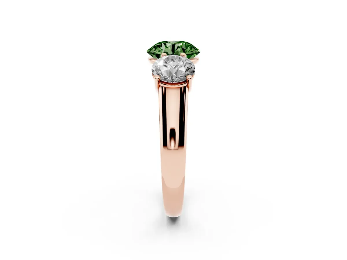 Fancy Green Round Cut Three-Stone Diamond Ring with Prong Setting on a Classic Band Rose gold