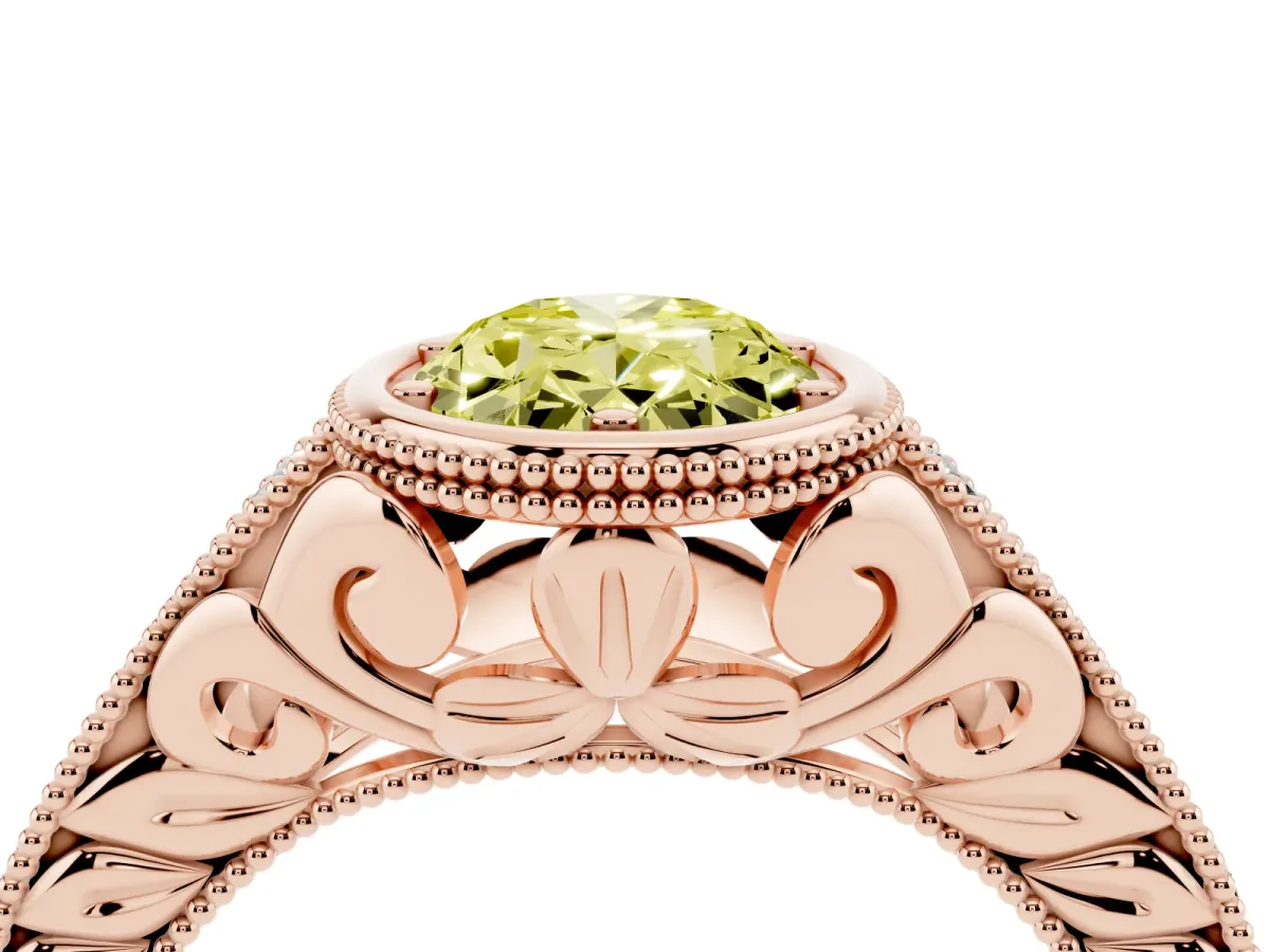 Fancy Yellow Bezel Set Oval Cut Diamond Milgrain Pave Engagement Ring Rose gold