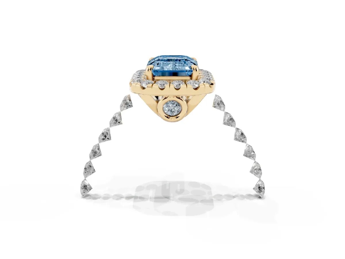 Fancy Blue Emerald Cut Halo Pavé Diamond Engagement Ring with Four-Prong Setting Yellow gold
