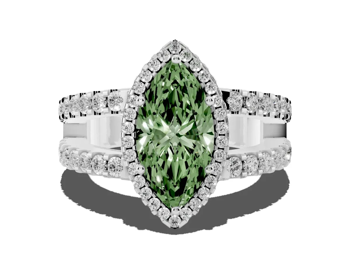 Fancy Green Marquise Cut Cut Halo Split Shank Diamond Ring with Four-Prong Setting Platinum