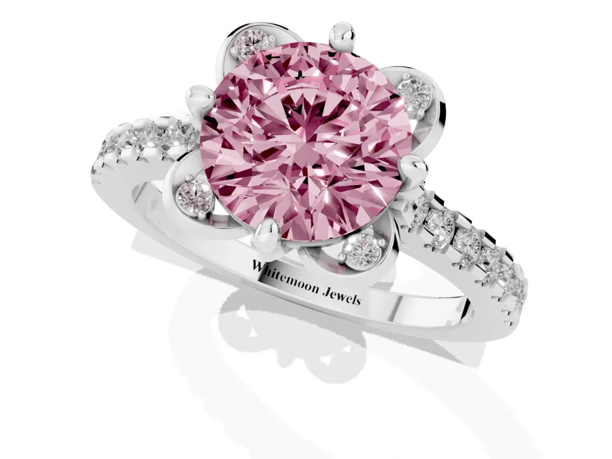 Fancy Pink Round Cut Diamond Ring with Pavé Band and Floral Prong Setting Silver