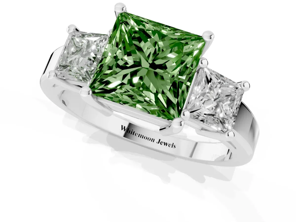 Fancy Green Three-Stone Princess Cut Cut Solitaire Ring with Prong Setting Silver