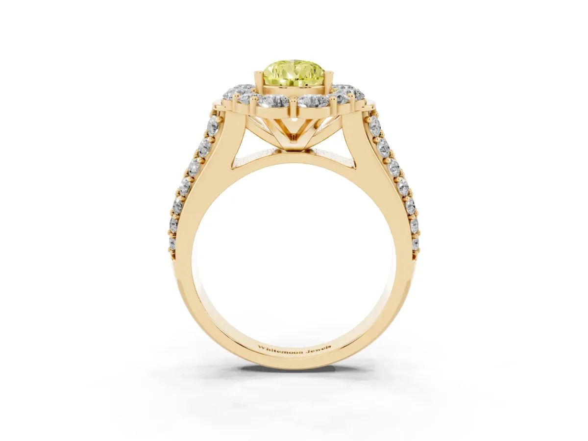 Fancy Yellow Pear Cut Halo Diamond Engagement Ring with Split Shank and Prong Setting Yellow gold