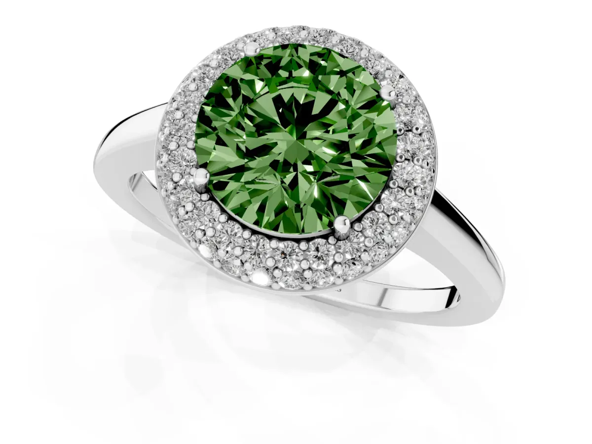 Fancy Green Round Cut Halo Diamond Engagement Ring with Solitaire Band and Four-Prong Setting Platinum