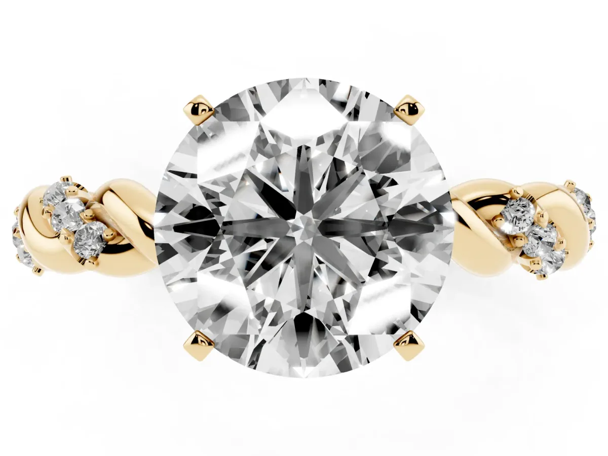 Round Cut Diamond Solitaire Ring with Twisted Band and Pavé Accents Yellow gold