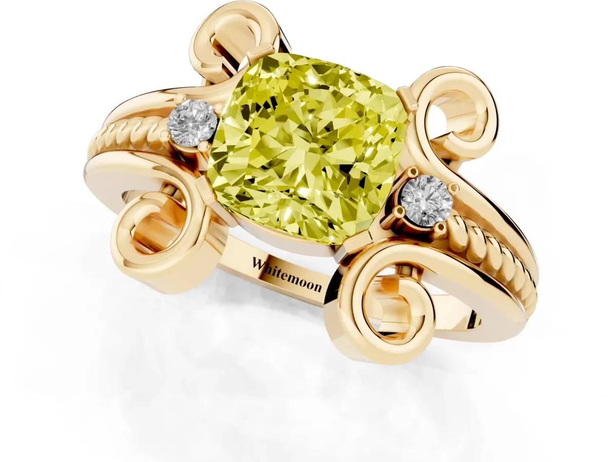 Fancy Yellow Cushion Cut Solitaire Twisted Band Scroll Prong Ring Yellow gold