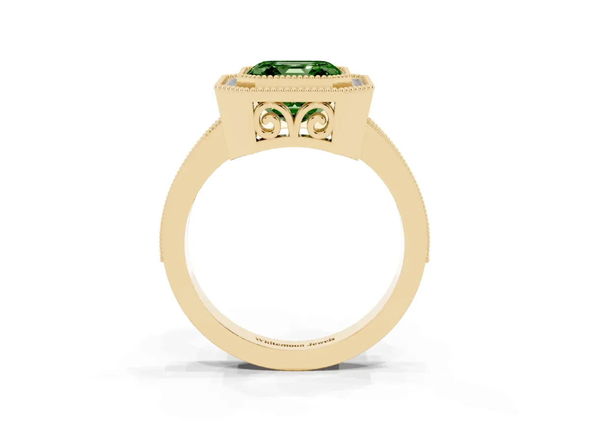 Fancy Green Asscher Cut Cut Halo Diamond Ring with Pavé Band and Milgrain Prong Setting Yellow gold
