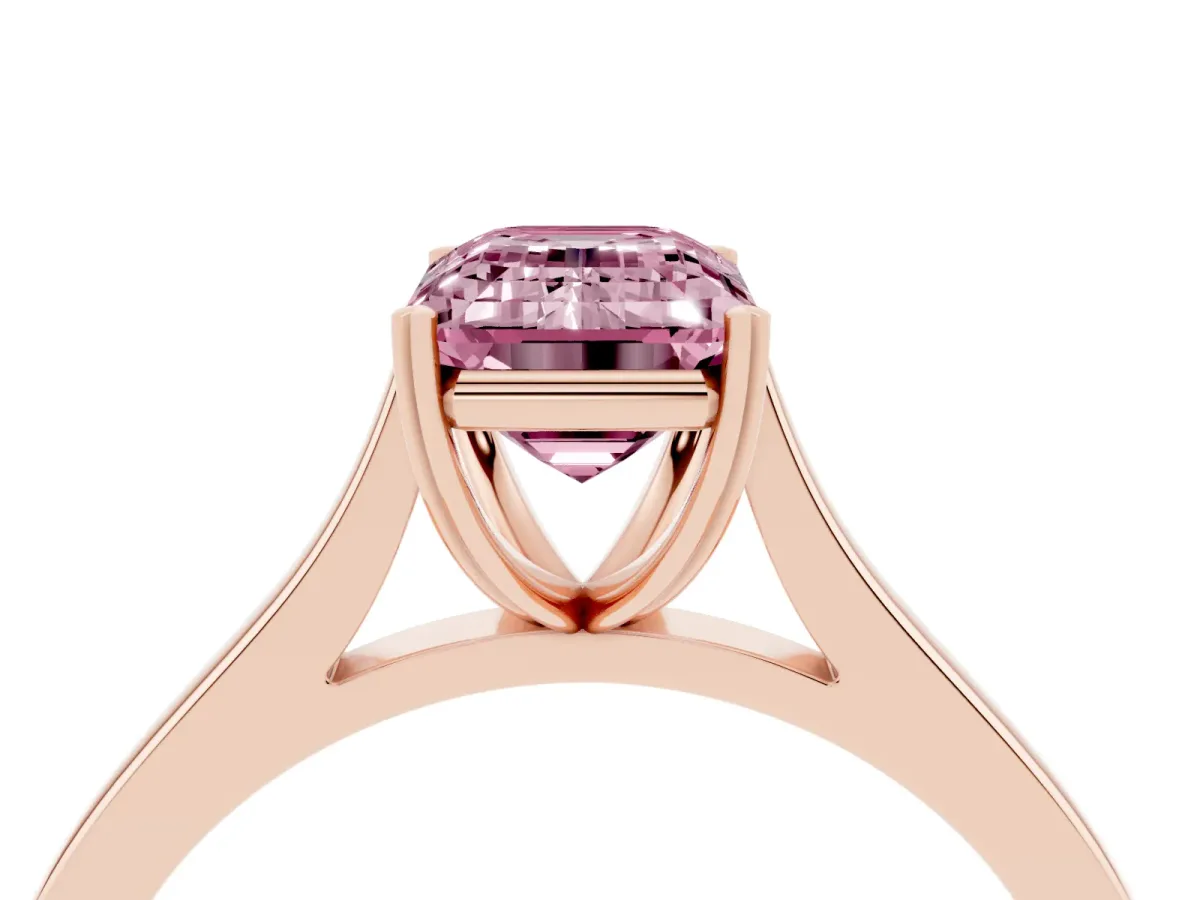 Fancy Pink Emerald Cut Solitaire Heart Prong Engagement Ring with Tapered Band Rose gold