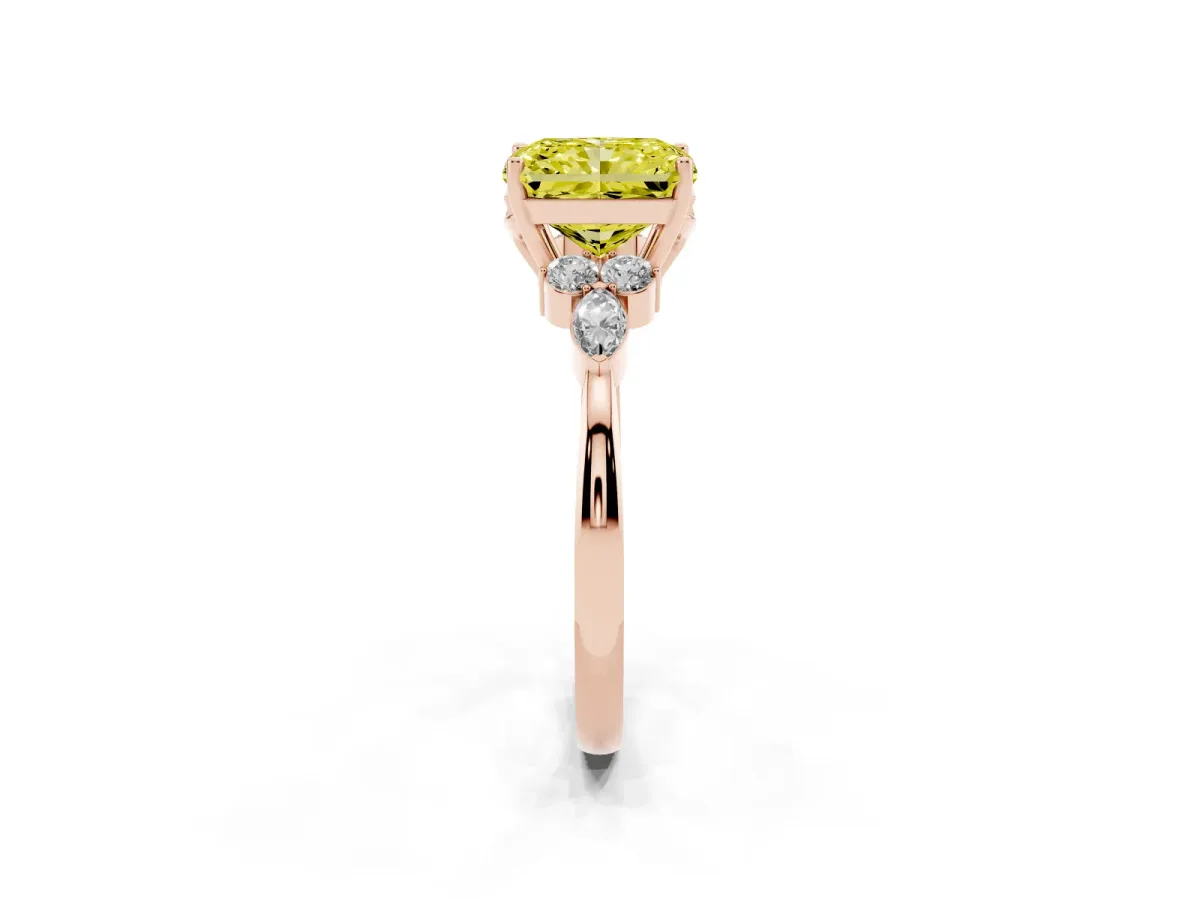 Fancy Yellow Radiant Cut Brilliant Diamond Solitaire Ring with Pear Side Stones and Four-Prong Setting Rose gold