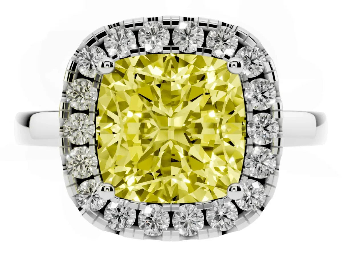 Fancy Yellow Cushion Cut Halo Diamond Solitaire with Pavé Band and Four-Prong Setting White gold
