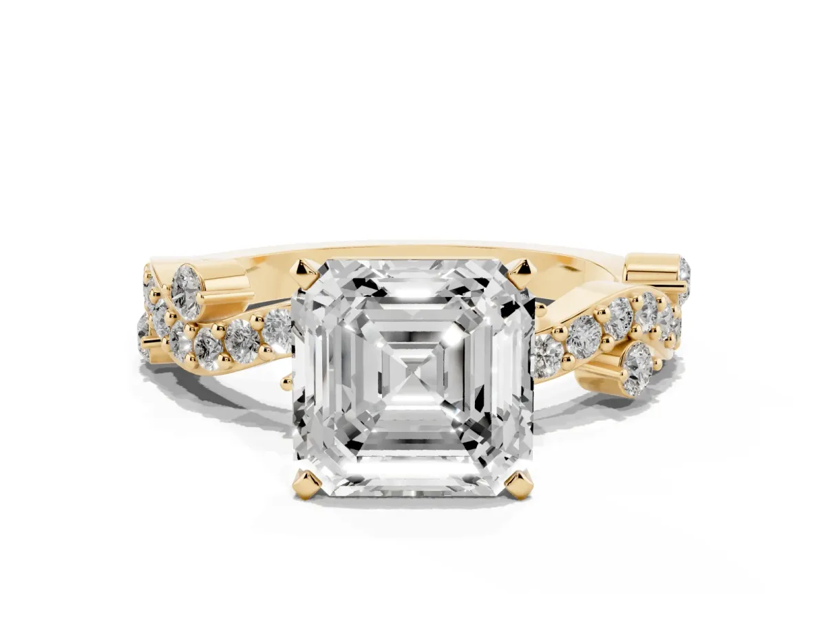 Asscher Cut Cut Solitaire Diamond Twisted Band with Pave Setting Yellow gold