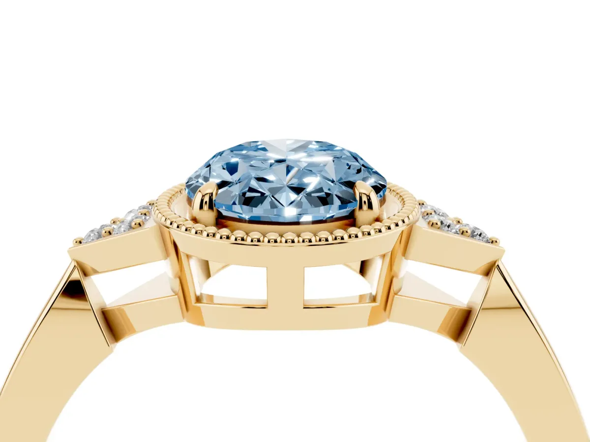 Fancy Blue Hexagonal Halo Oval Cut Diamond Solitaire with Pavé Band and Four-Prong Setting Yellow gold