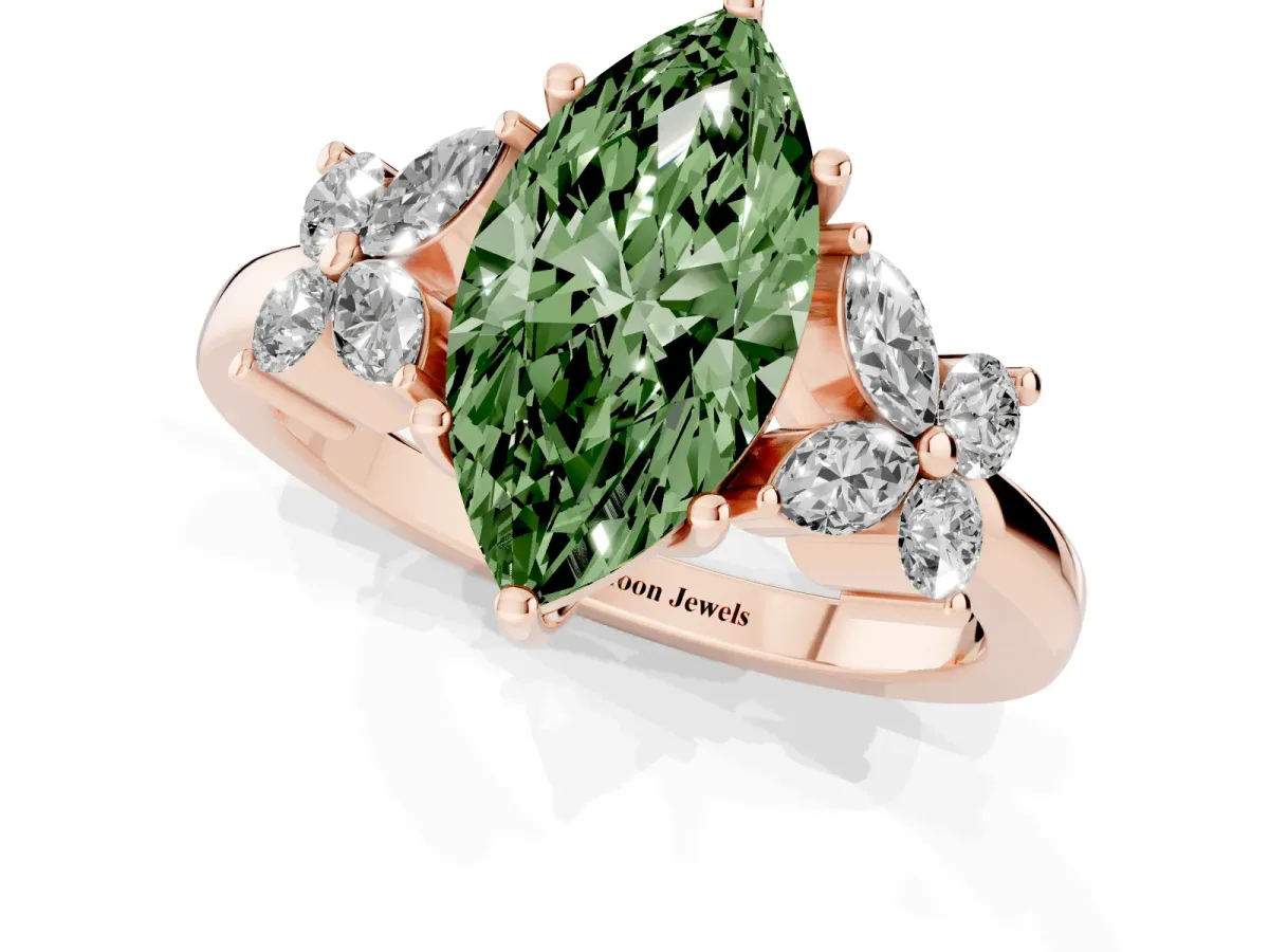 Fancy Green Marquise Cut Diamond Floral Cluster Ring with Solitaire Band and Prong Setting Rose gold