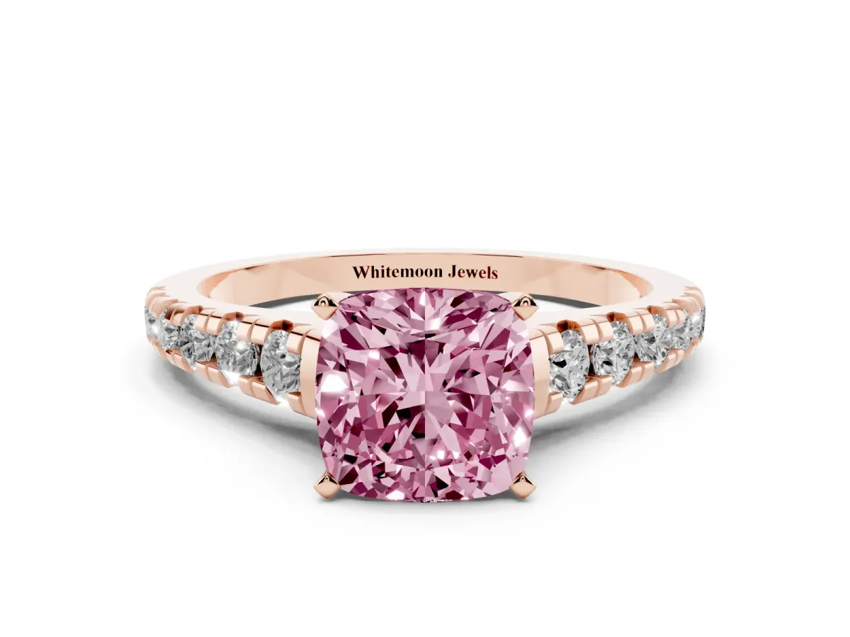 Fancy Pink Cushion Cut Diamond Cathedral Solitaire Ring with Round Pavé Band Rose gold
