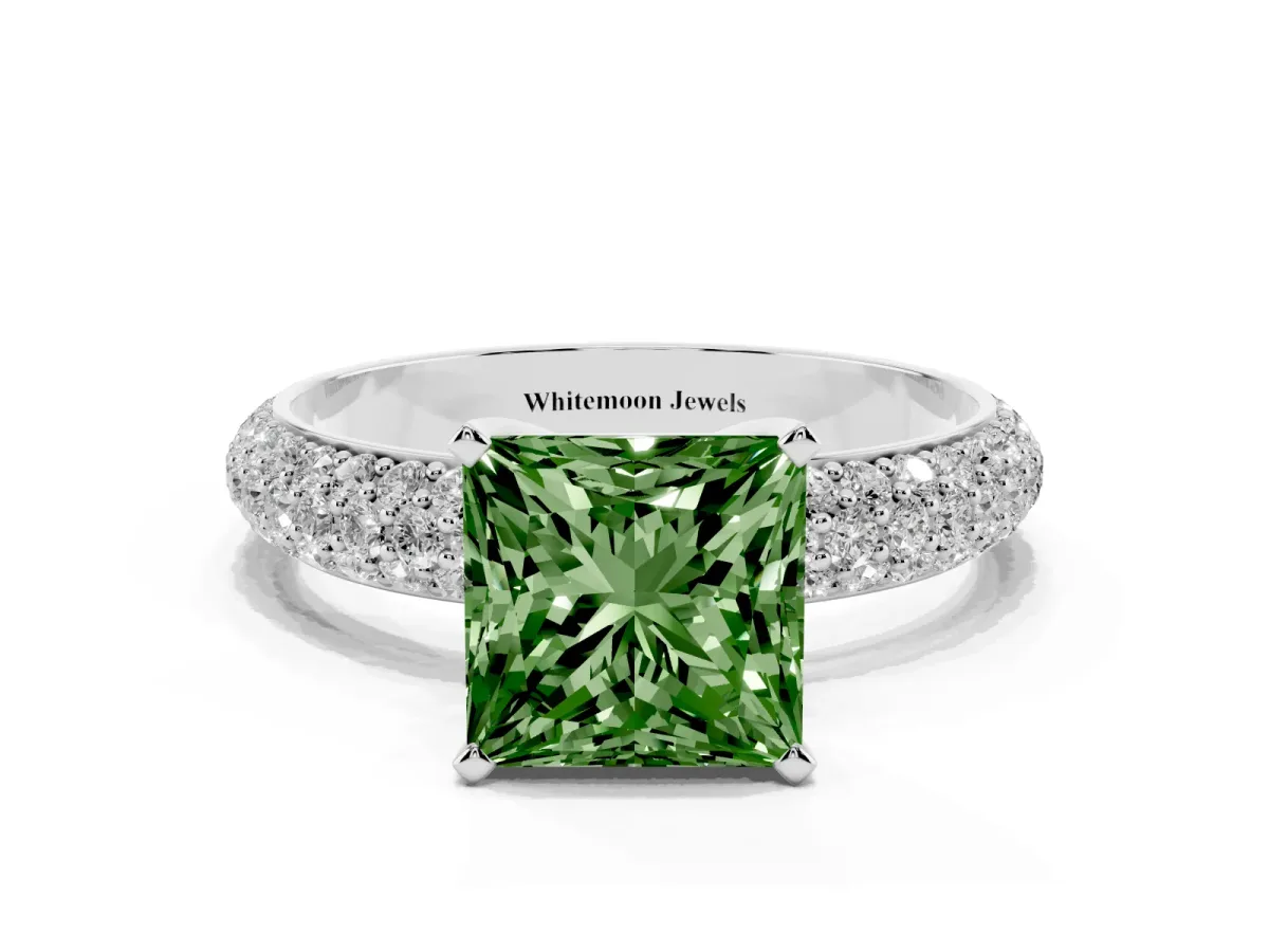 Fancy Green Princess Cut Diamond Solitaire Ring with Prong Setting and Pavé Band Silver