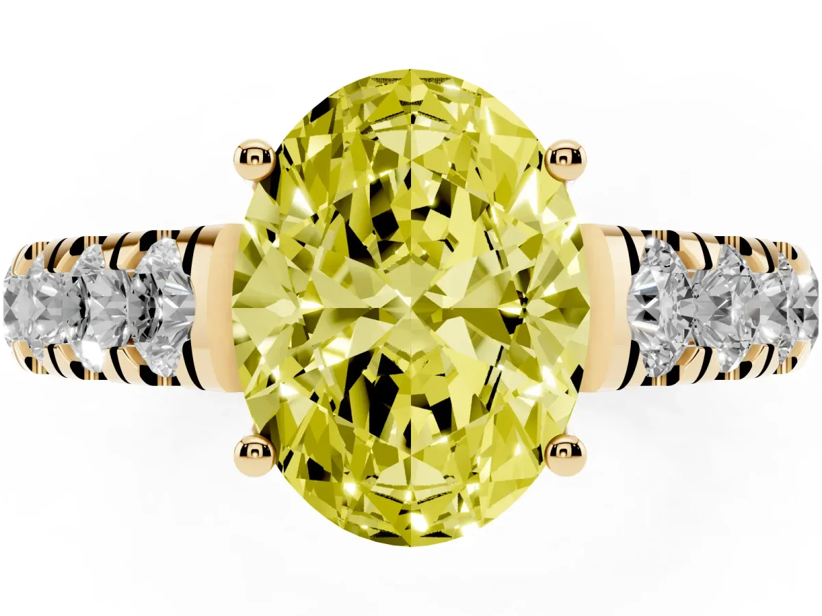 Fancy Yellow Oval Cut Cut Diamond Solitaire Ring with Micro Pave Band and Prong Setting Yellow gold