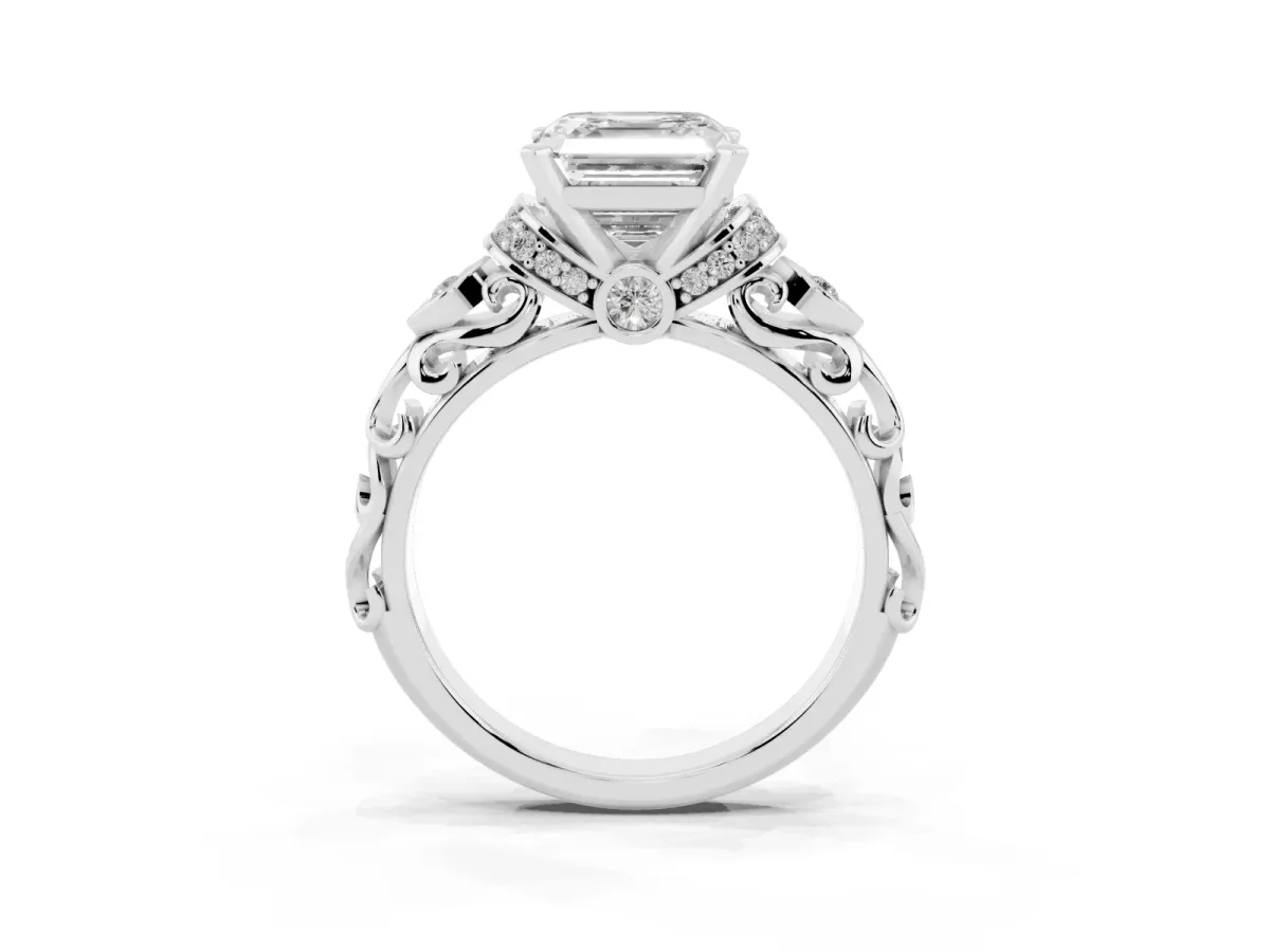 Asscher Cut Diamond Solitaire Ring with Filigree Band and Four-Prong Setting Silver