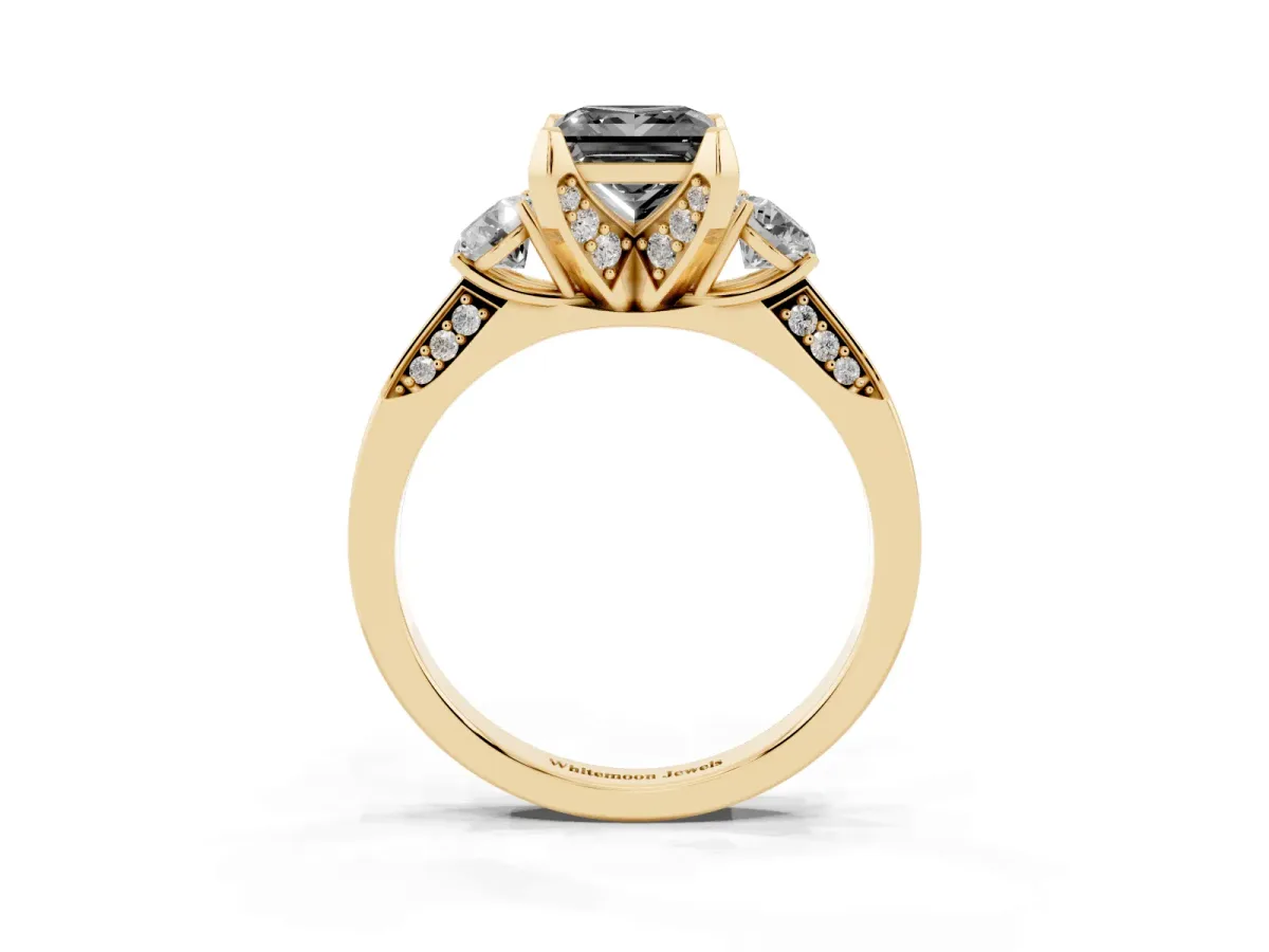 Fancy Black Princess Cut Brilliant Three-Stone Diamond Ring with Pavé Band and Four-Prong Setting Yellow gold