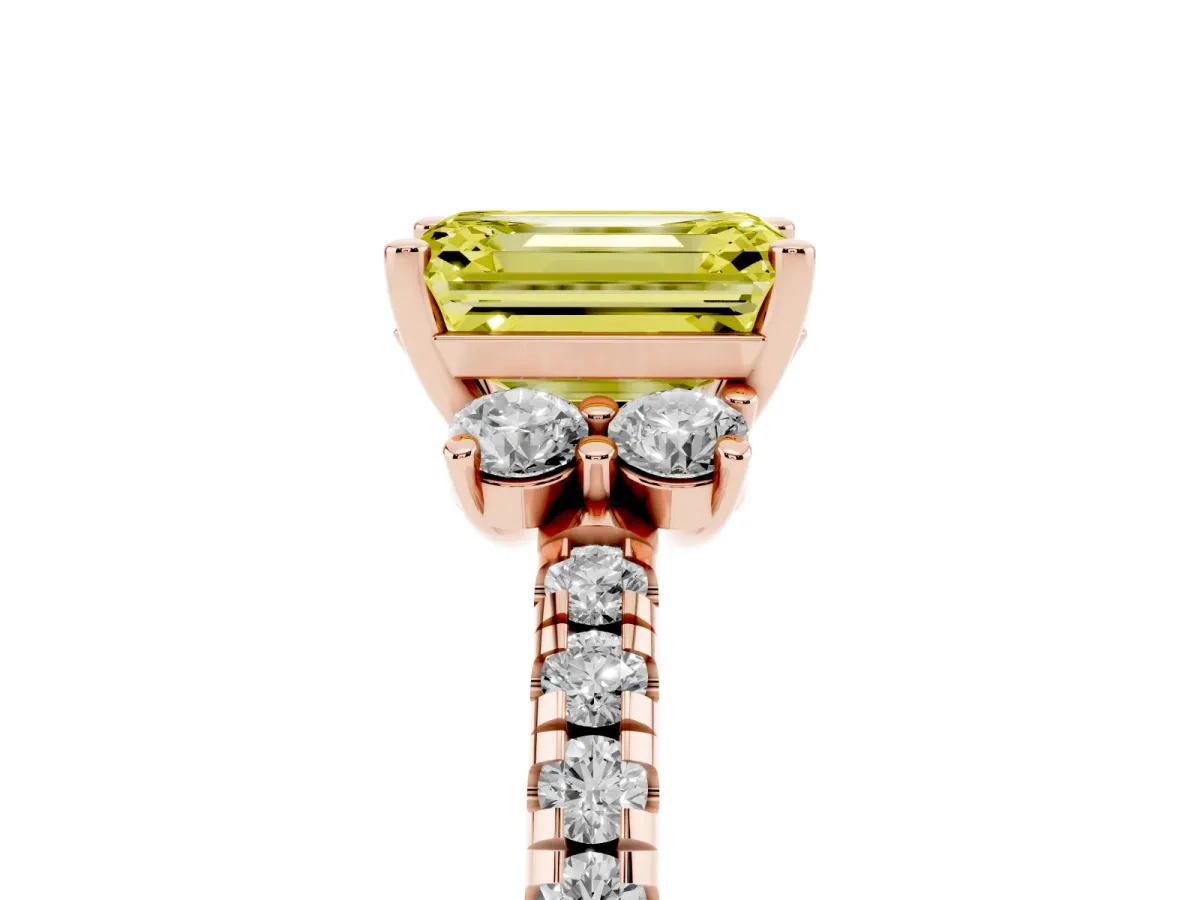 Fancy Yellow Emerald Cut Diamond Three-Stone Pave Band with Four-Prong Setting Rose gold