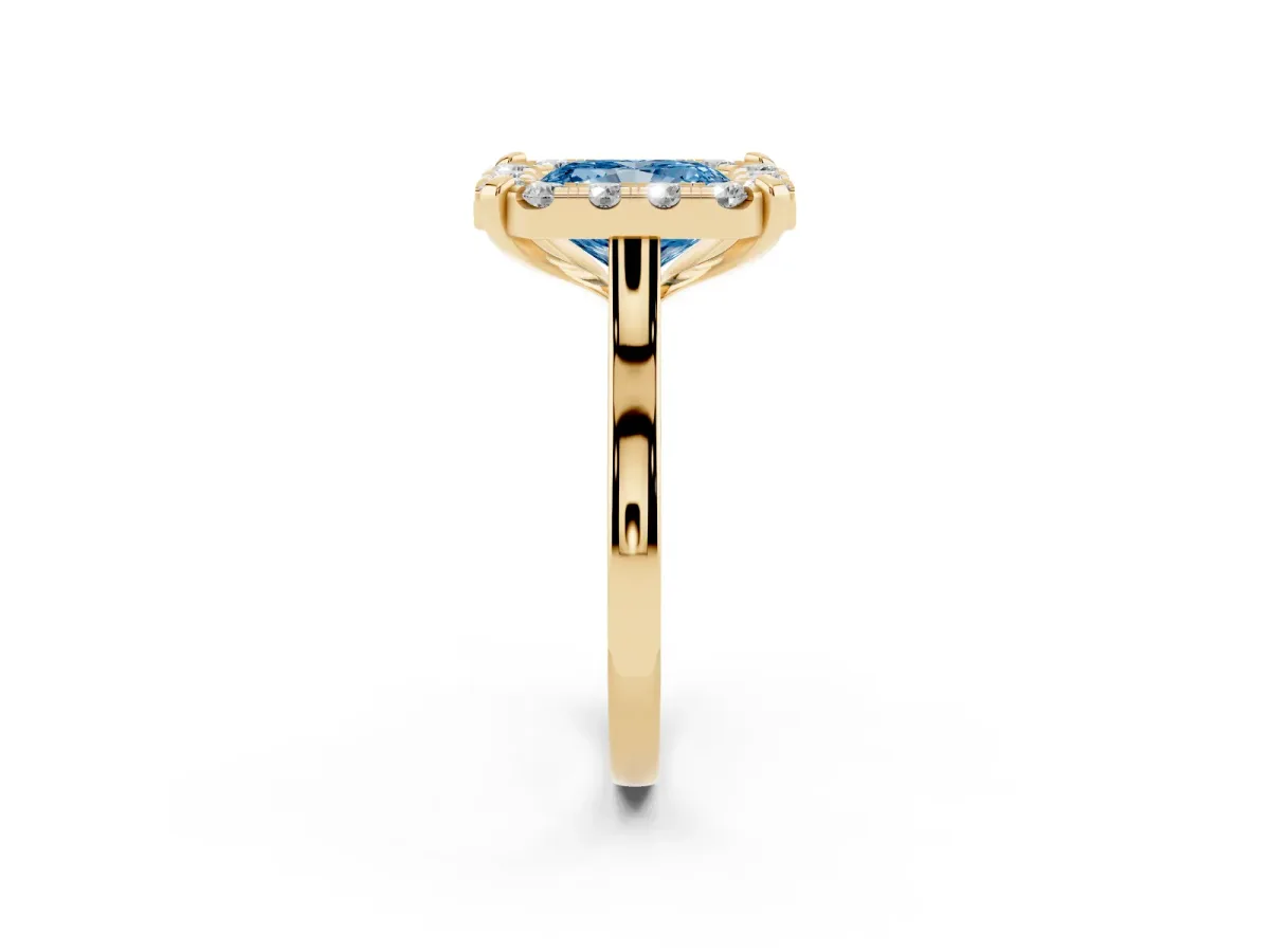 Fancy Blue Radiant Cut Diamond Cluster Halo Solitaire with Four-Prong Setting Yellow gold