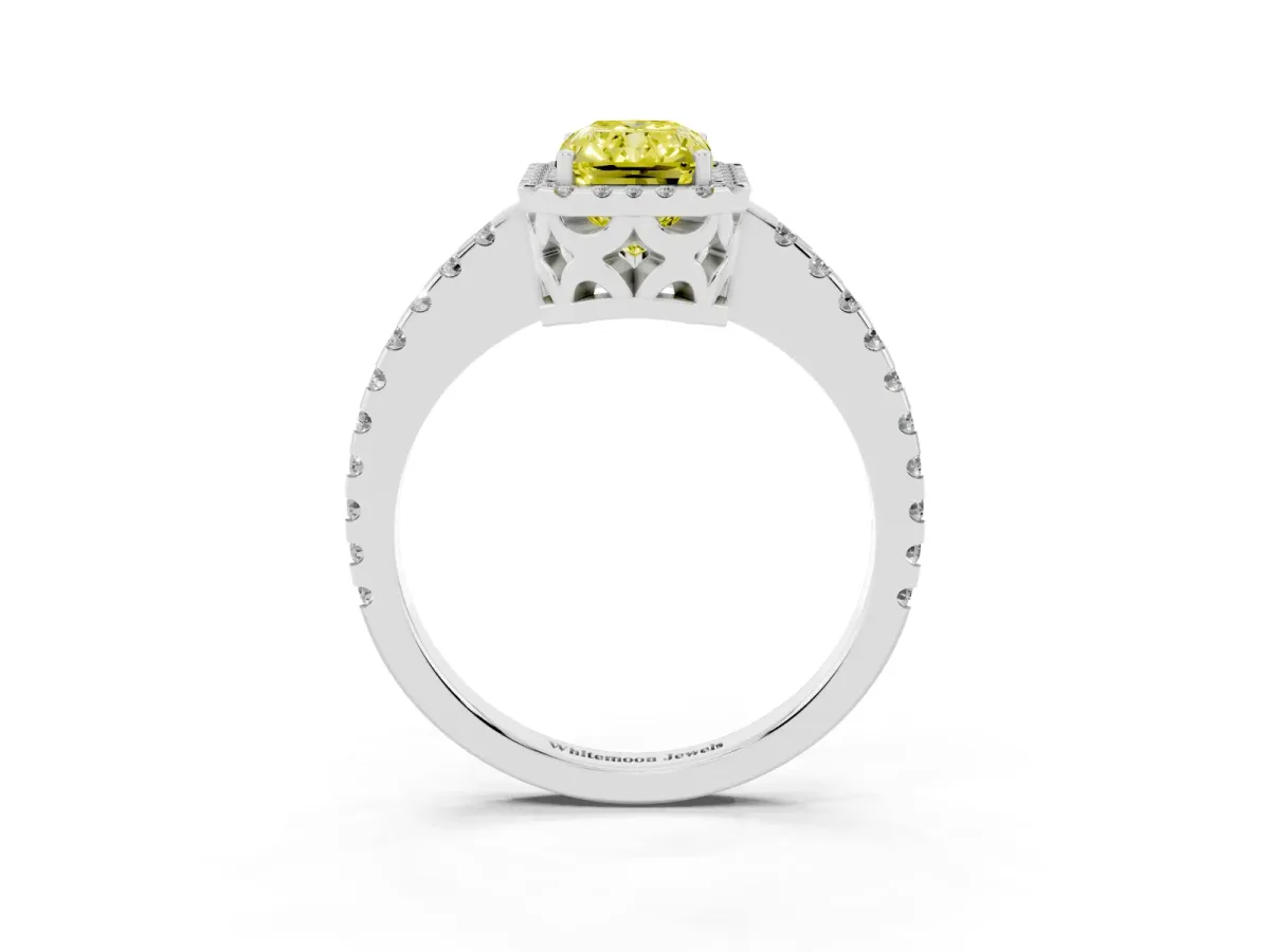 Fancy Yellow Radiant Cut Diamond Halo Engagement Ring with Pavé Band and Prong Setting Silver